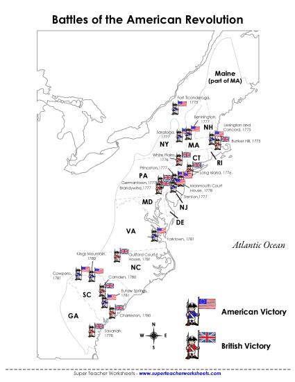 Maps - Map of Revolutionary War Battles (Printable PDF Worksheet)