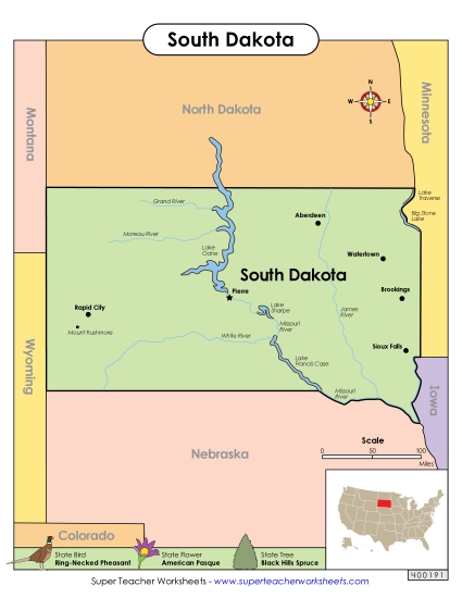 Maps - Map of South Dakota (Printable PDF Worksheet)