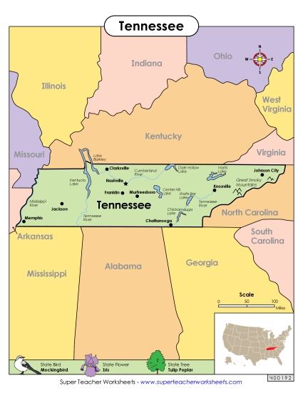 Maps - Map of Tennessee (Printable PDF Worksheet)