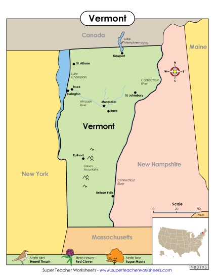 Maps - Map of Vermont (Printable PDF Worksheet)