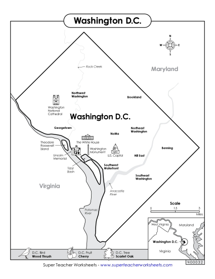 Maps - Map of Washington, D.C. (Black & White) (Printable PDF Worksheet)