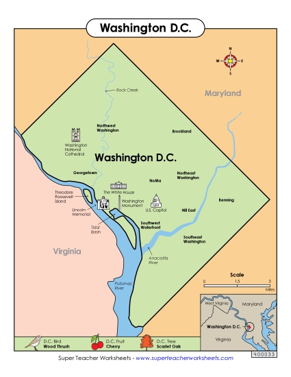 Maps - Map of Washington, D.C. (Full Color) (Printable PDF Worksheet)