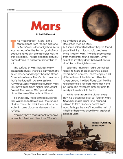 Articles with Questions - Mars Article & Questions (Printable PDF Worksheet)