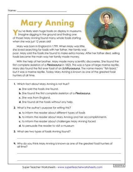 Biography - Mary Anning (Printable PDF Worksheet)