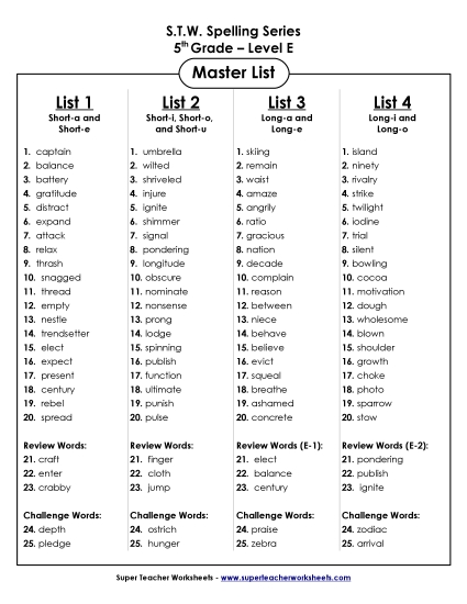 Master Word Lists - Master Lists (5th Grade) (Printable PDF Worksheet)