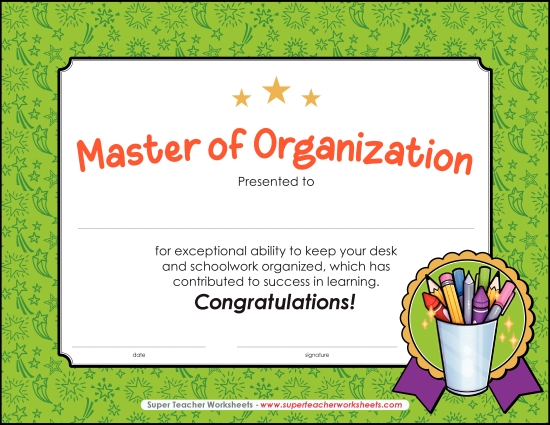 More School Awards - Master of Organization (Printable PDF Worksheet)