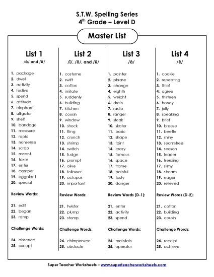 Master List - Master Word Lists (4th Grade) (Printable PDF Worksheet)