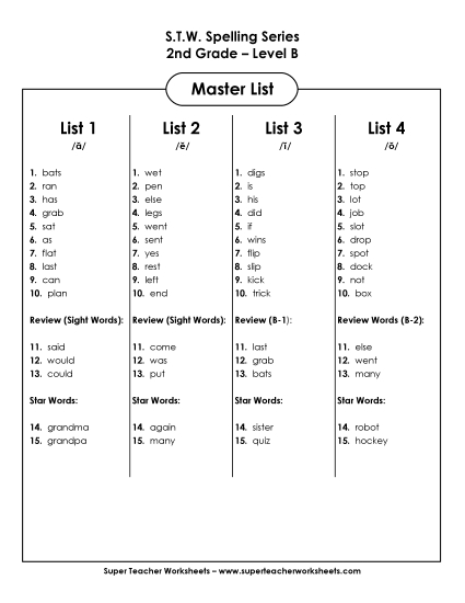 Master Lists - Master Word Lists (Grade 2) (Printable PDF Worksheet)