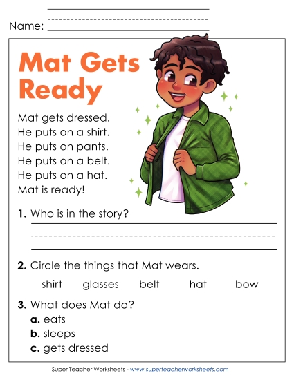 Reading Comprehension and  Additional ELA Skills - Mat Gets Ready  (Printable PDF Worksheet)