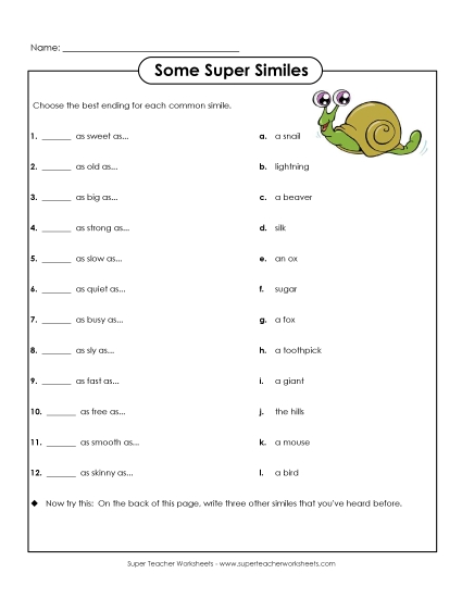 Similes - Matching Common Similes (Printable PDF Worksheet)