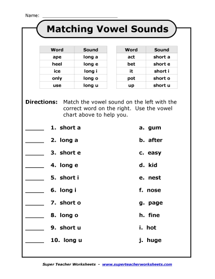 Matching Vowel Sounds (Printable PDF Worksheet)