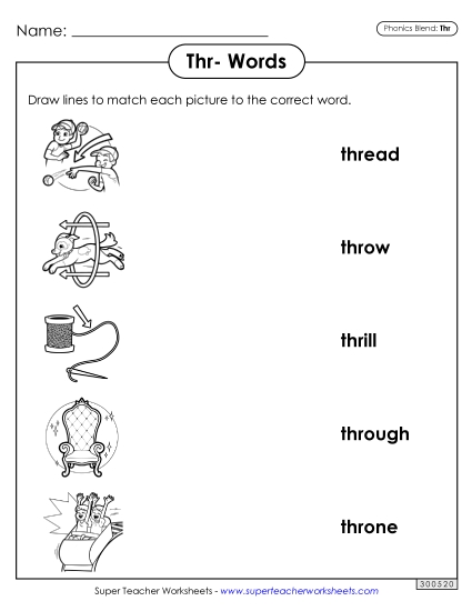 Worksheets - Matching Worksheet (Thr- Words) (Printable PDF Worksheet)