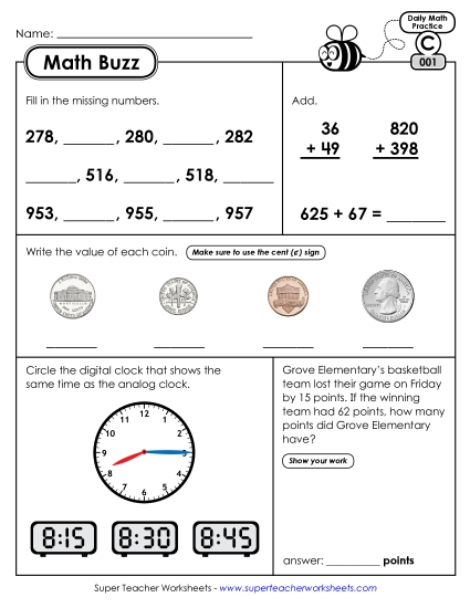 Math Buzz: Week 1 Worksheets 1 through 5 (Printable PDF Worksheet)