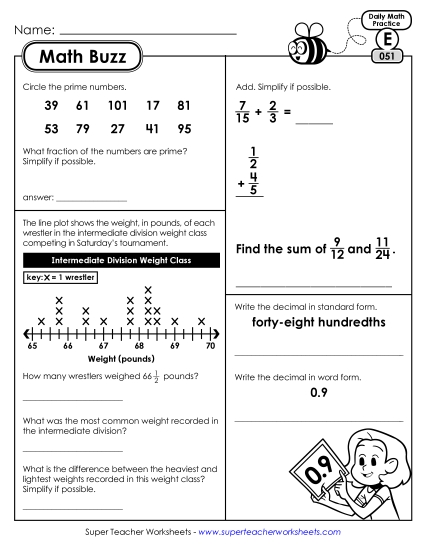 Math Buzz: Week 11 Worksheets 51 through 55 (Printable PDF Worksheet)