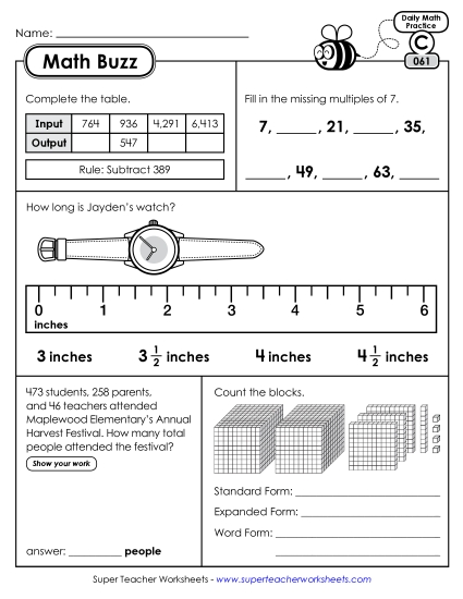 Math Buzz: Week 13 Worksheets 61 through 65 (Printable PDF Worksheet)