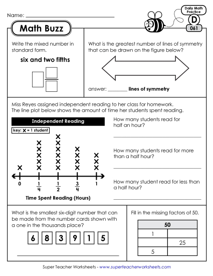 Math Buzz: Week 13 Worksheets 61 through 65 (Printable PDF Worksheet)