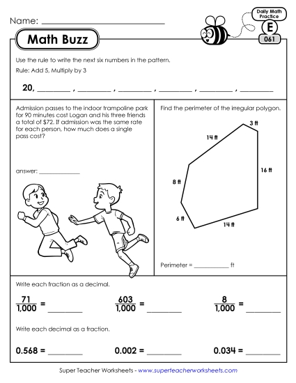 Math Buzz: Week 13 Worksheets 61 through 65 (Printable PDF Worksheet)