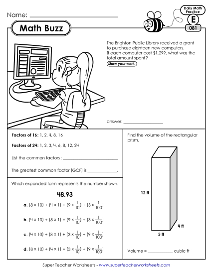 Math Buzz: Week 17 Worksheets 81 through 85 (Printable PDF Worksheet)
