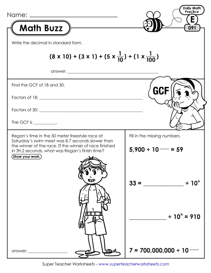 Math Buzz: Week 19 Worksheets 91 through 95 (Printable PDF Worksheet)