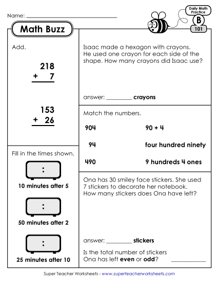 Math Buzz: Week 21 Worksheets 101 through 105 (Printable PDF Worksheet)