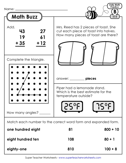 Math Buzz: Week 23 Worksheets 111 through 115 (Printable PDF Worksheet)