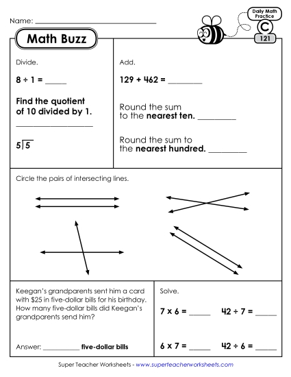 Math Buzz: Week 25 Worksheets 121 through 125 (Printable PDF Worksheet)