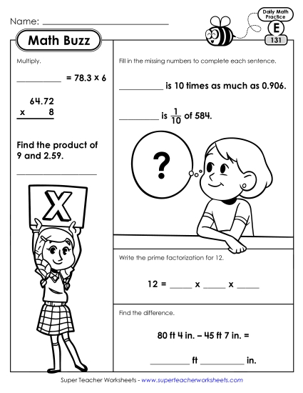 Math Buzz: Week 27 Worksheets 131 through 135 (Printable PDF Worksheet)