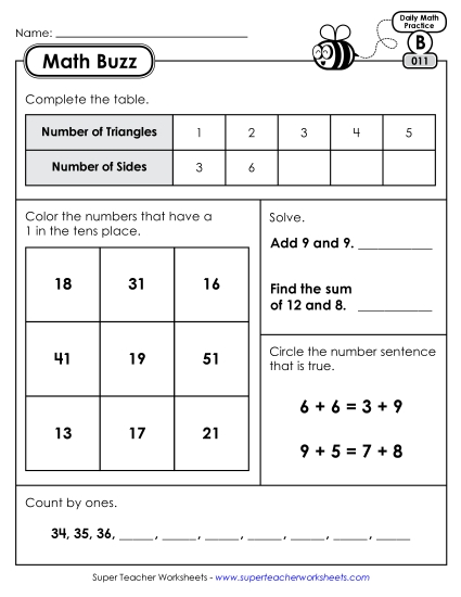 Math Buzz: Week 3 Worksheets 11 through 15 (Printable PDF Worksheet)