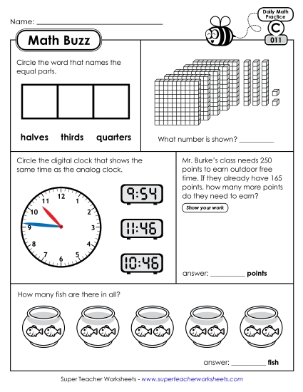 Math Buzz: Week 3 Worksheets 11 through 15 (Printable PDF Worksheet)