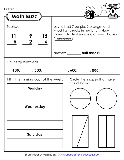 Math Buzz: Week 5 Worksheets 21 through 25 (Printable PDF Worksheet)