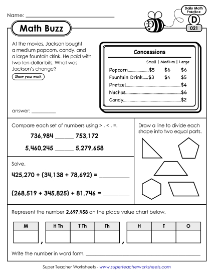 Math Buzz: Week 5 Worksheets 21 through 25 (Printable PDF Worksheet)