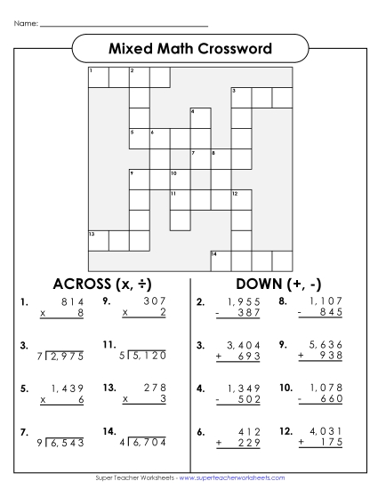 Mixed - Math Crossword - Add, Subt, Mult, Div (Printable PDF Worksheet)