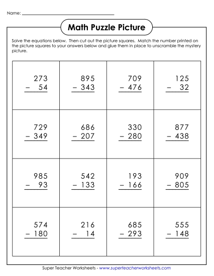 3-Digit Subtraction Worksheets - Math Puzzle Picture  (Cut and Glue) (Printable PDF Worksheet)