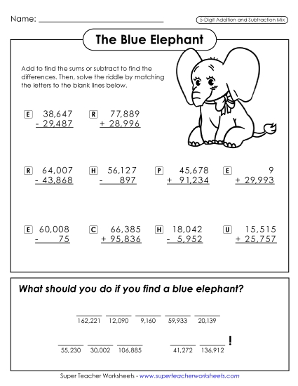 Addition and Subtraction Mixed - Math Riddle: Blue Elephant (Add/Subtract; 5 Digits) (Printable PDF Worksheet)