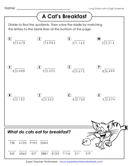 4-Digit Dividends - Math Riddle: Cat's Breakfast (Printable PDF Worksheet)