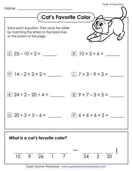 Math Riddle: Cat's Favorite Color (Printable PDF Worksheet)