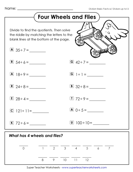 Worksheets - Math Riddle: Four Wheels and Flies (Printable PDF Worksheet)