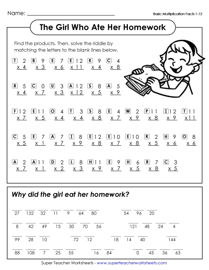 Worksheets, Games, & Task Cards - Math Riddle: Girl Who Ate Her Homework (Printable PDF Worksheet)