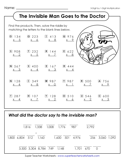 3-Digit Times 1-Digit Printables - Math Riddle: Invisible Man (Printable PDF Worksheet)