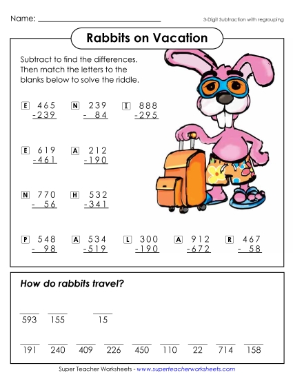 3-Digit Subtraction Worksheets - Math Riddle: Rabbits on Vacation (Printable PDF Worksheet)
