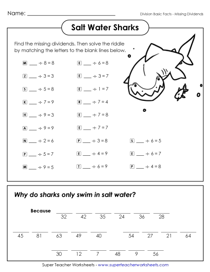 Worksheets - Math Riddle: Salt Water Sharks (Printable PDF Worksheet)