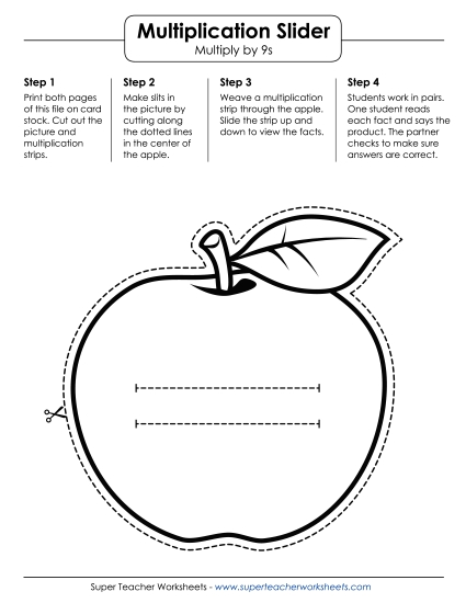 Multiplication by 9s Only - Math Slider: : Apple (Printable PDF Worksheet)