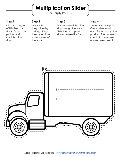 Multiply By 10s Only - Math Slider: Truck (Printable PDF Worksheet)