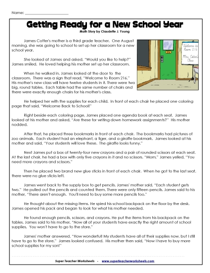 Math Story - Classroom Setup (Printable PDF Worksheet)