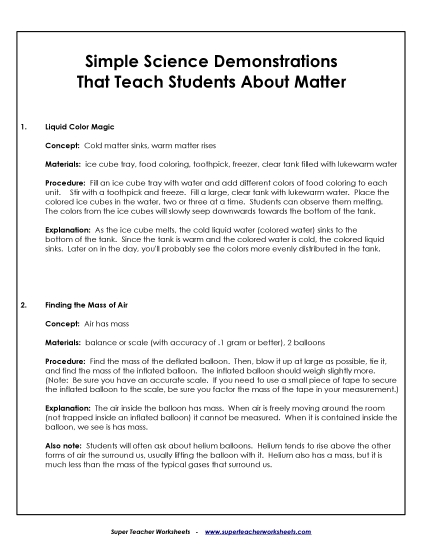 Matter Demonstrations (Printable PDF Worksheet)