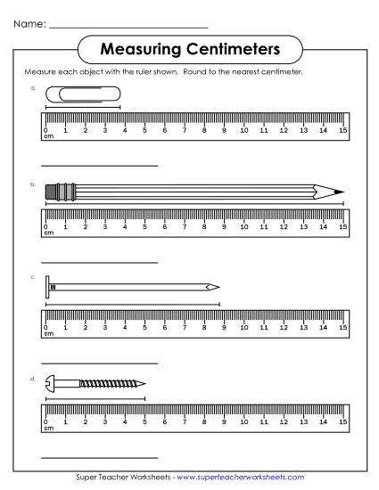 Measuring Centimeters - Measuring to the Nearest Centimeter #1 (Printable PDF Worksheet)