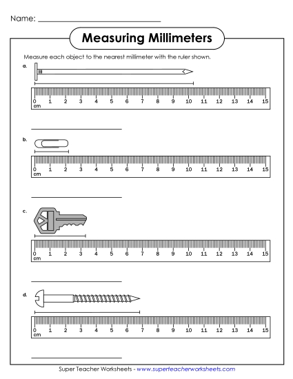 Measuring Millimeters - Measuring to the Nearest Millimeter #1 (Printable PDF Worksheet)