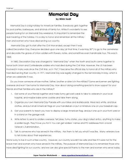 Reading Comprehension - Memorial Day (Article) (Printable PDF Worksheet)