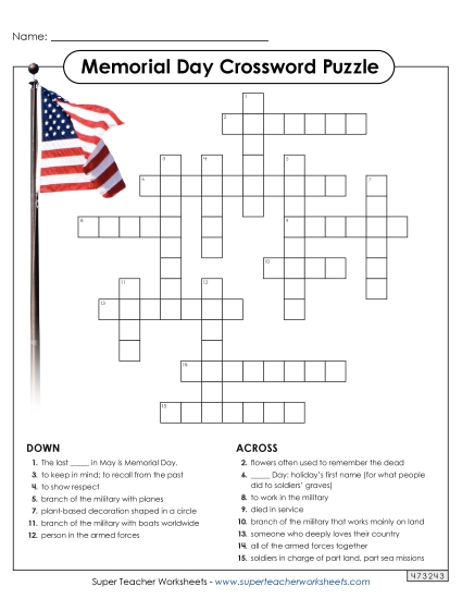 Puzzles - Memorial Day Crossword (Printable PDF Worksheet)