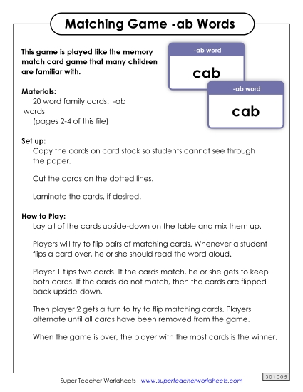 Word Games - Memory Match Game (-ab) (Printable PDF Worksheet)